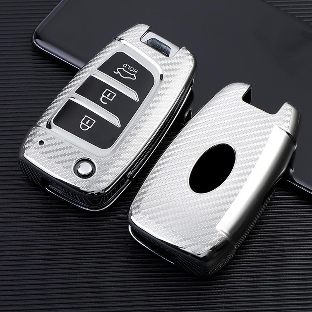 KUNIO Flip Key Fob Cover fit for Hyundai Kona i30 Tucson NX4 2019 2020 2021 2022 2018 2017 2016 Key Cover TPU Carbon Fibre key fob cover Key Case Key Cover 3 Buttons A Silver - Image 3