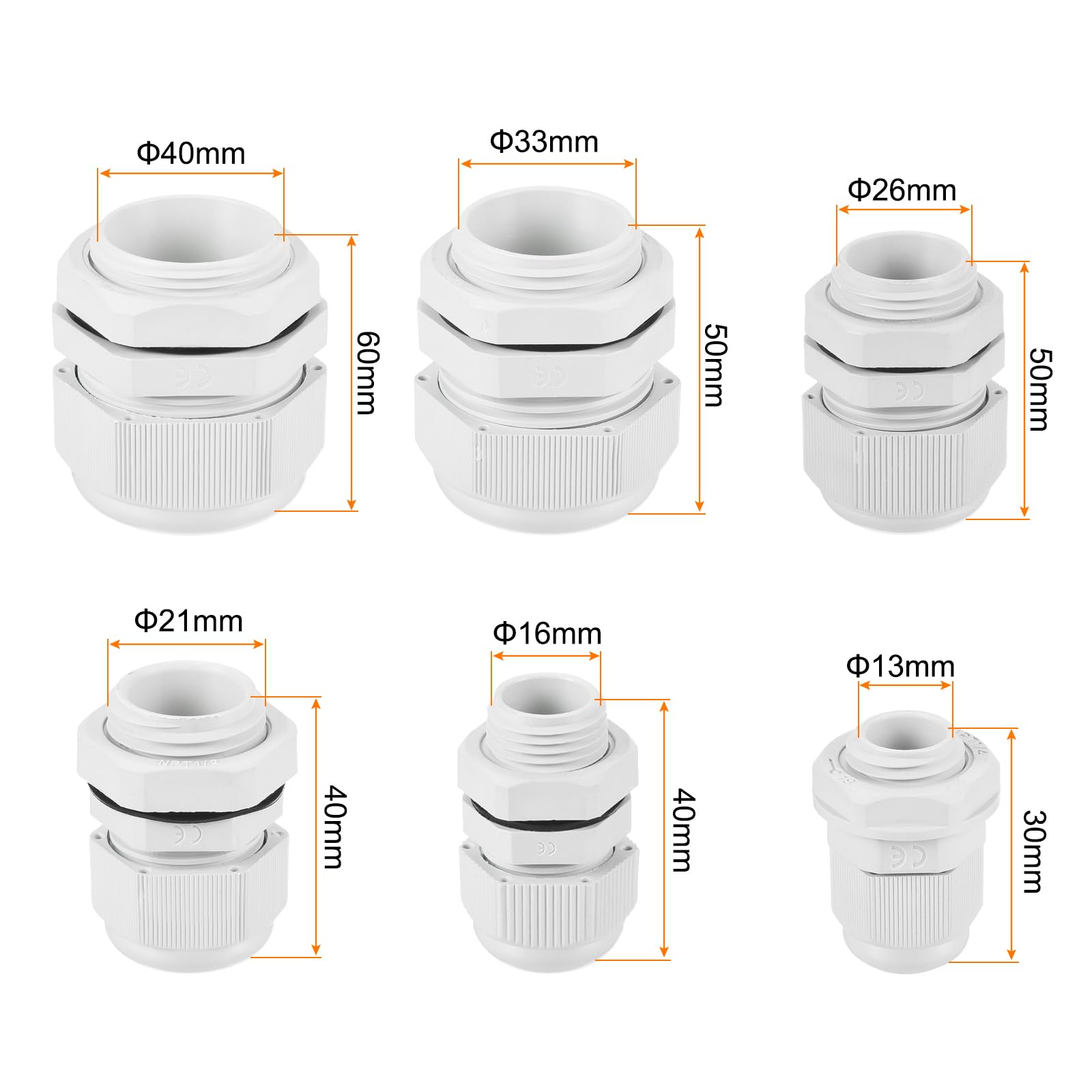 sourcing map Kit pressacavo da 1/4, 3/8, 1/2, 3/4, 2,5 cm, 2,5 cm, 2,5 cm, connettori per cavi regolabili, impermeabili, in nylon, per condotti elettrici, colore: grigio