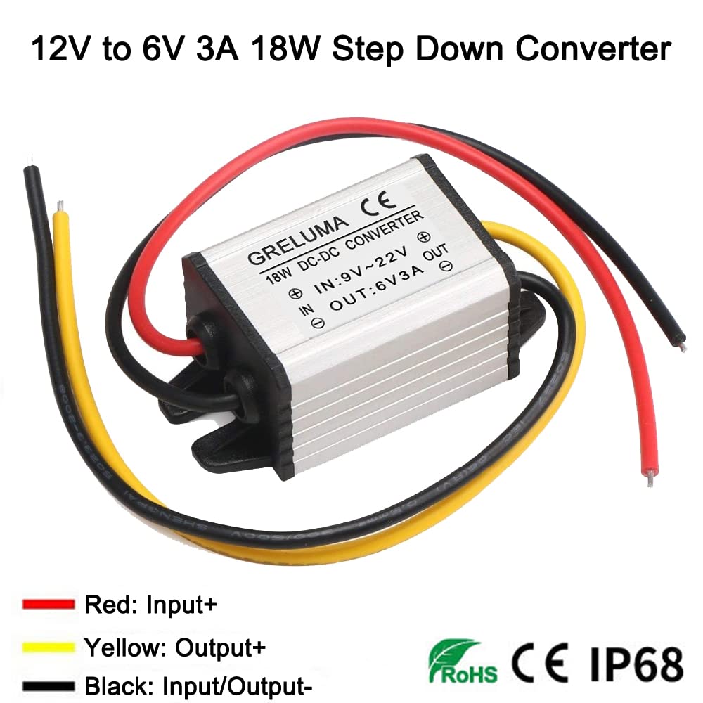 Greluma 1PC DC 12V a 6V Convertitore Step-down Regolatore 3A 18W Riduttore Adattatore di Alimentazione per Elettronica per Auto Camion Veicolo Barca Sistema Solare (Ingressi DC 9-22V,Certificato CE)