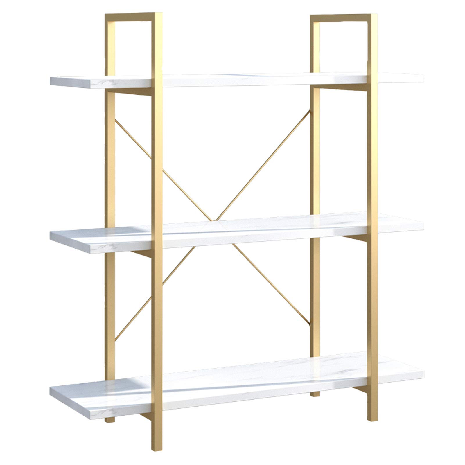 IOTXY 3-Tier Open Shelf Bookcase - Modern Freestanding Wooden Display Stand Unit with Metal Frame for Home and Office, Bookshelf, Gold White