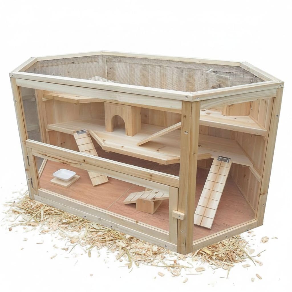 Melko Jaula de madera para animales pequeños, 115 x 60 x 58 cm, incluye 2 casitas + 3 escaleras + 2 balancines, 3 niveles, jaula para roedores