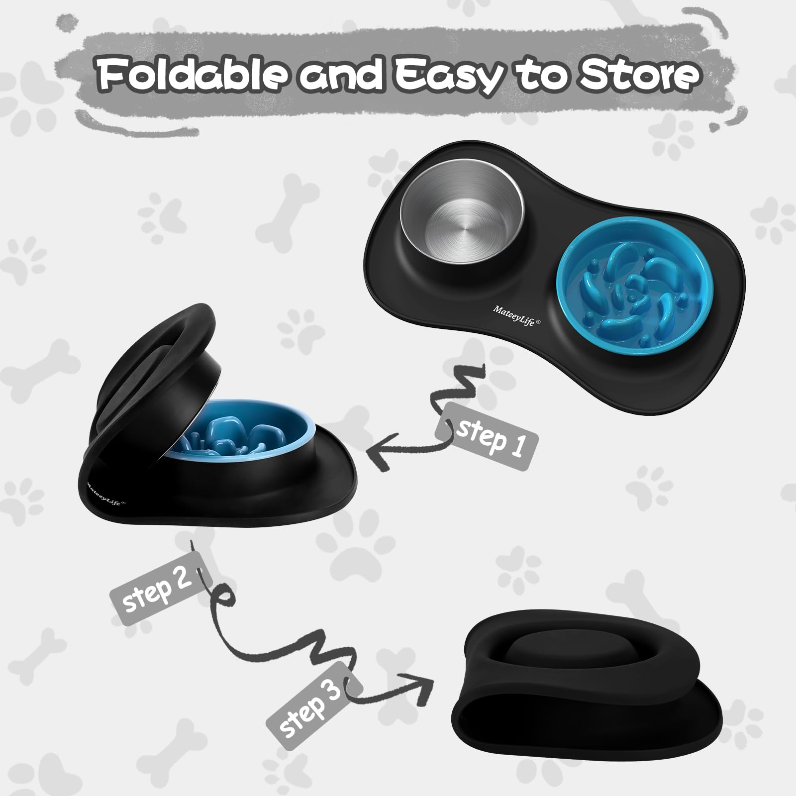 MateeyLife Ciotola Anti Ingozzamento e Ciotola per Cani 3 in 1, Set per Cani e Gatti in Acciaio Inossidabile con Tappetino in Silicone, Ciotola Lenta per Razze Piccole, Medie e Grandi