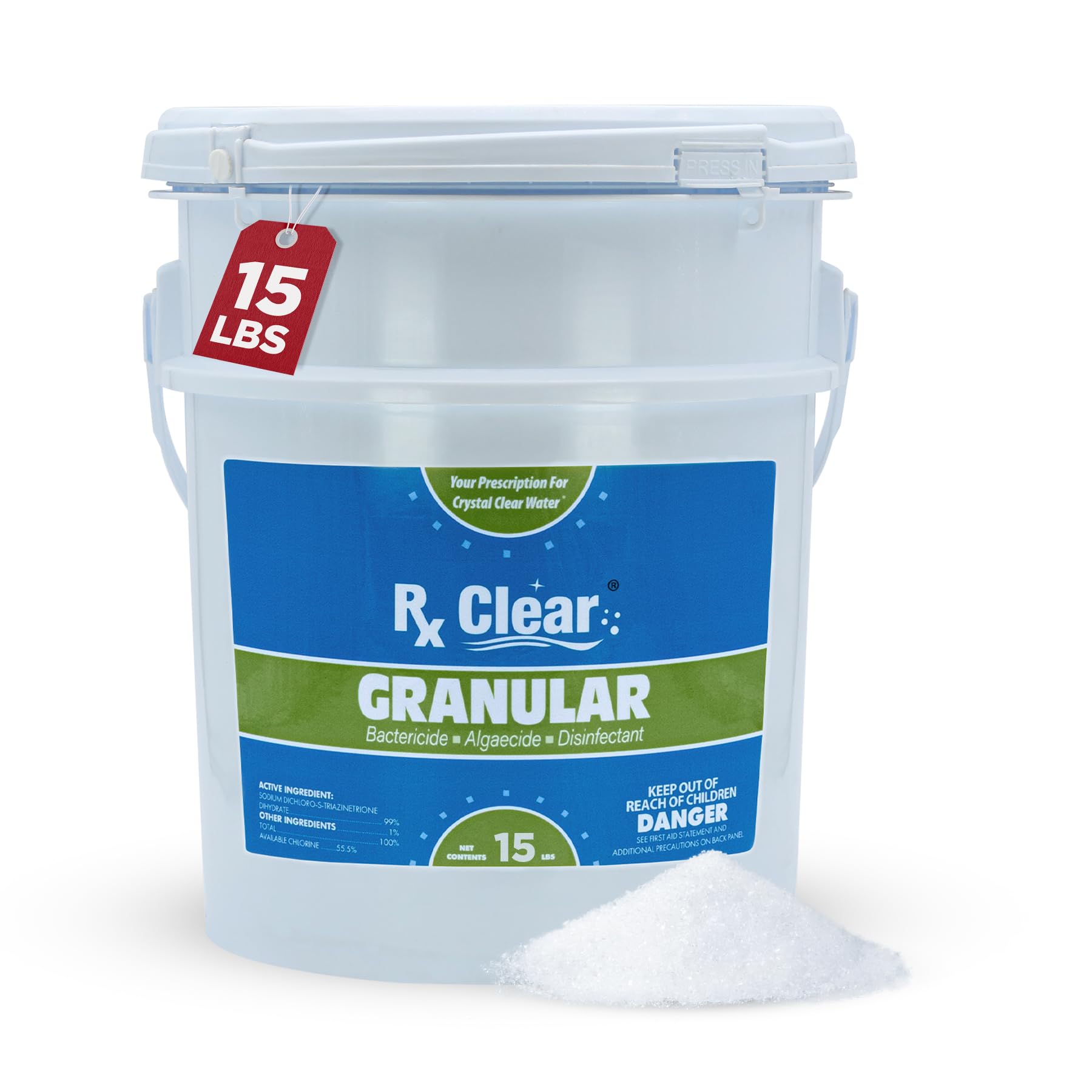 Rx Clear 15 lbs Granular Pool Chlorine | Use As Bactericide, Algaecide, & Disinfectant in Swimming Pools, Hot Tubs, & Spas | Stabilized, Fast Dissolving & UV Protected