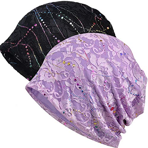Womens Cotton Beanie Lace Turban Soft Sleep Cap Chemo Hats Fashion Slouchy Hat (2 Pack Black+Purple)