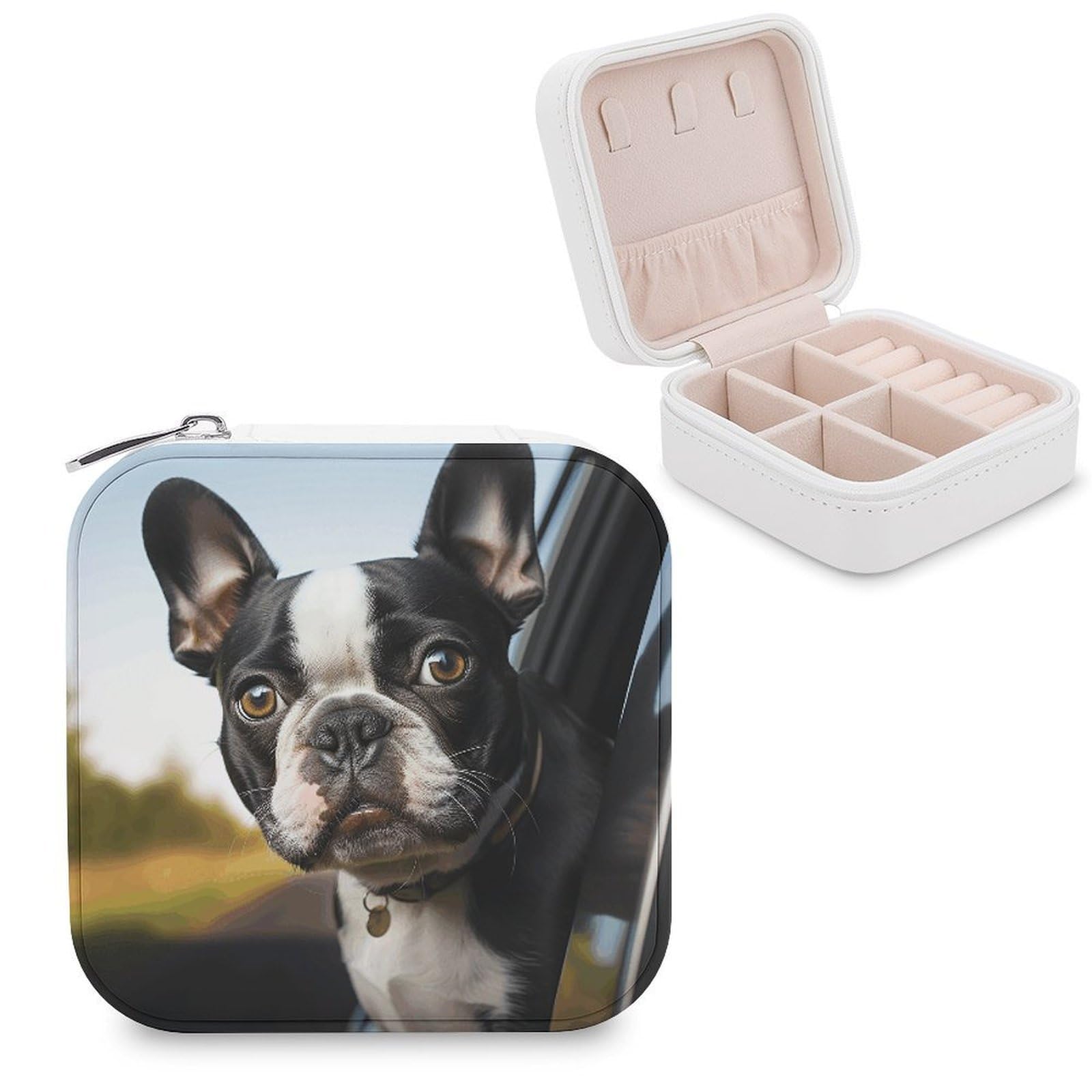VstaDank Puppy Dog Boston Terrier Travel Jewelry Case Zipper Portable Small Jewelry Box Custom Pu Leather Mini Traveling Jewelry Organizer for Rings Earrings Necklace Bracelet Girls Women