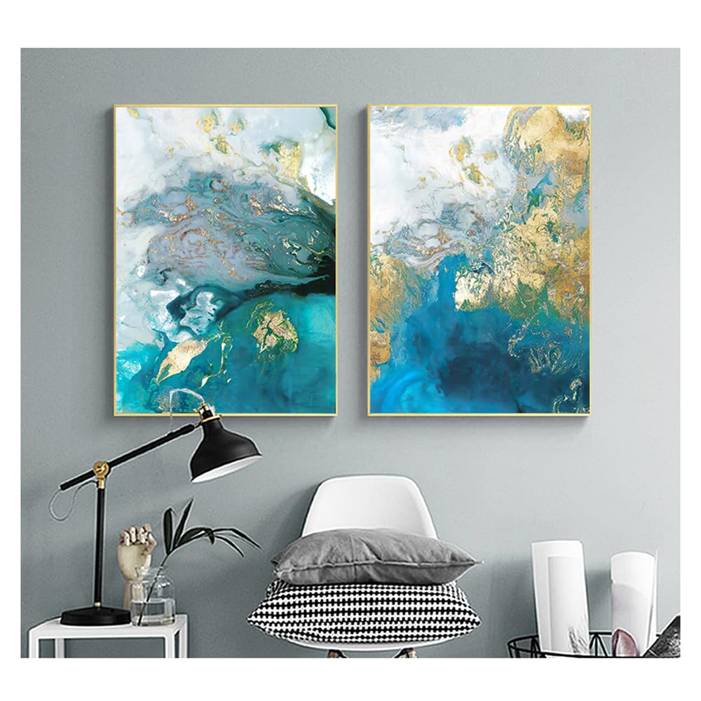 WUHBCZ Art Decor,Golden Rendering modern Picture Canvas Wall Art Poster Creative Abstract watercolor blue for room Bedroom Office hotel Room Decoration-30 * 50cm*2PCS (No Frame)