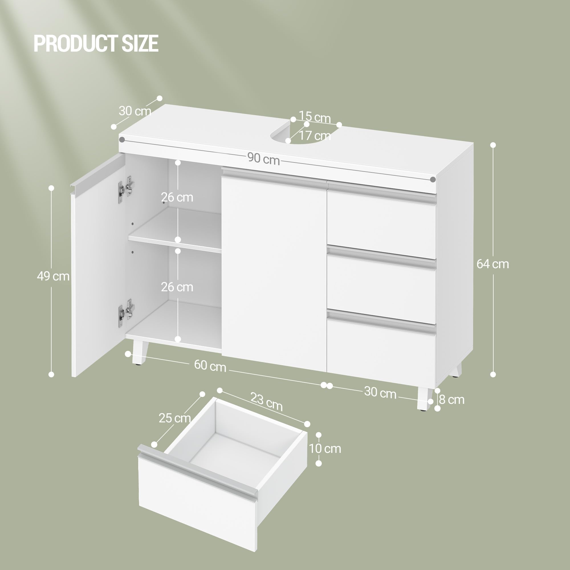 Hzuaneri Szafka pod umywalkę, meble łazienkowe, 2 drzwi, 3 szuflady, szafka dolna z regulowanymi półkami, wolnostojąca, 30 × 90 × 64 cm, biała, model BC29903X