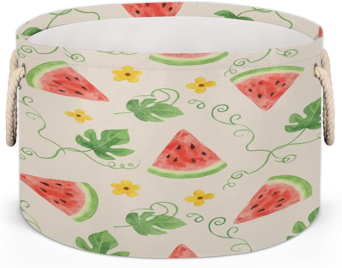 Large Storage Baskets - Retro Watermelon Nursery Round Collapsible Organizer Bin Box, Laundry Hamper for Kids Toys, Blanket, Bedroom Living Room Home Decor, Gift Basket, 19.4"x13.3"