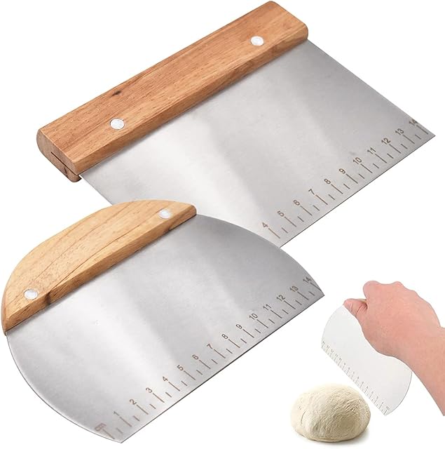 Stainless Steel Dough Scraper, DBAILY 2pcs Dough Scraper with Wooden Handle Multipurpose Pastry Dough Cutter Food Grade Griddle Scraper Chopper for Bread Pastry Cake Making Pizza Cutting