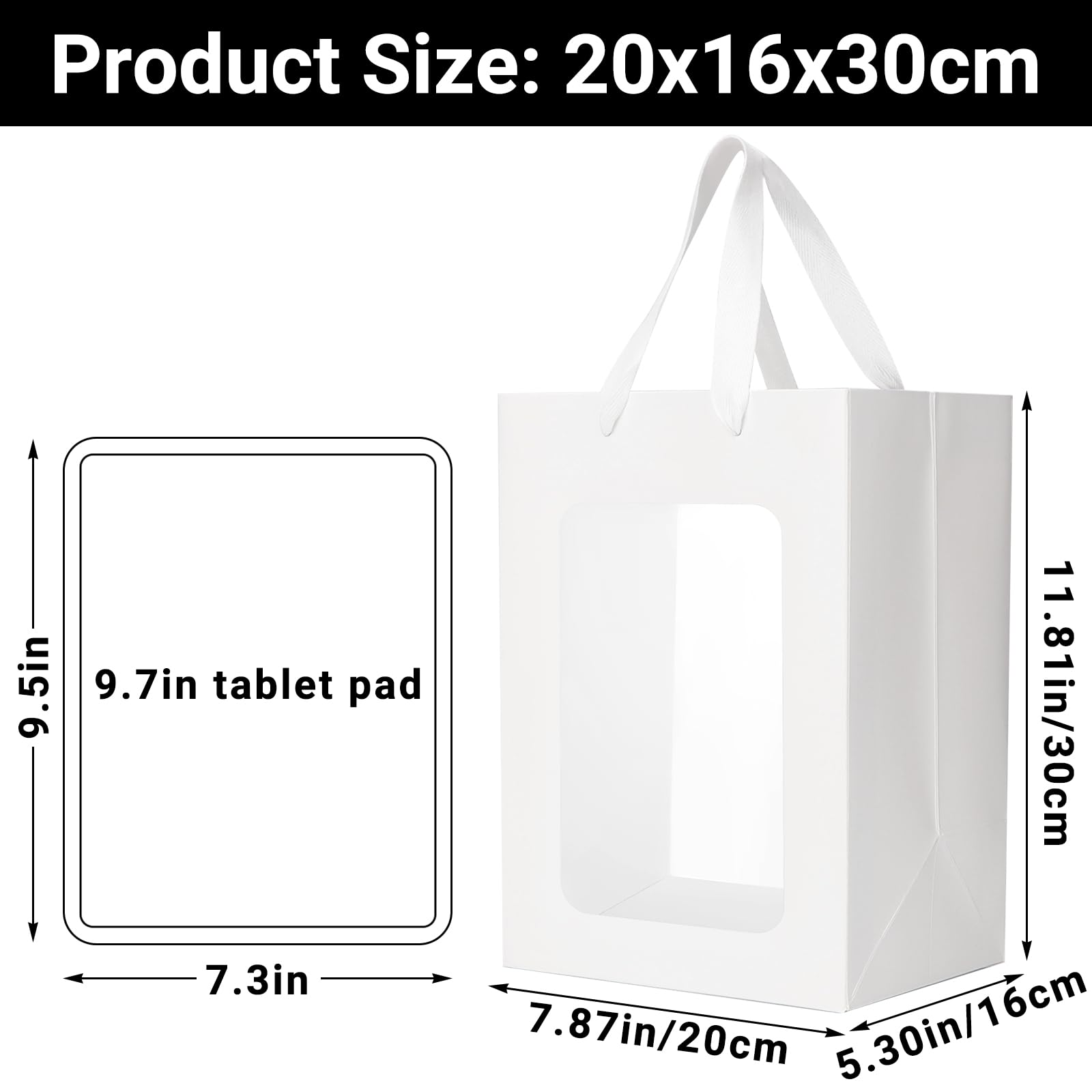 EUSOAR Sacchetti Regalo Bianco - 50 Pack Sacchetti di Carta con Finestra - 20x16x30cm Buste Carta con Manico - 230GSM Busta Regalo Compleanno - Sacchetti Trasparenti Festa Shopper