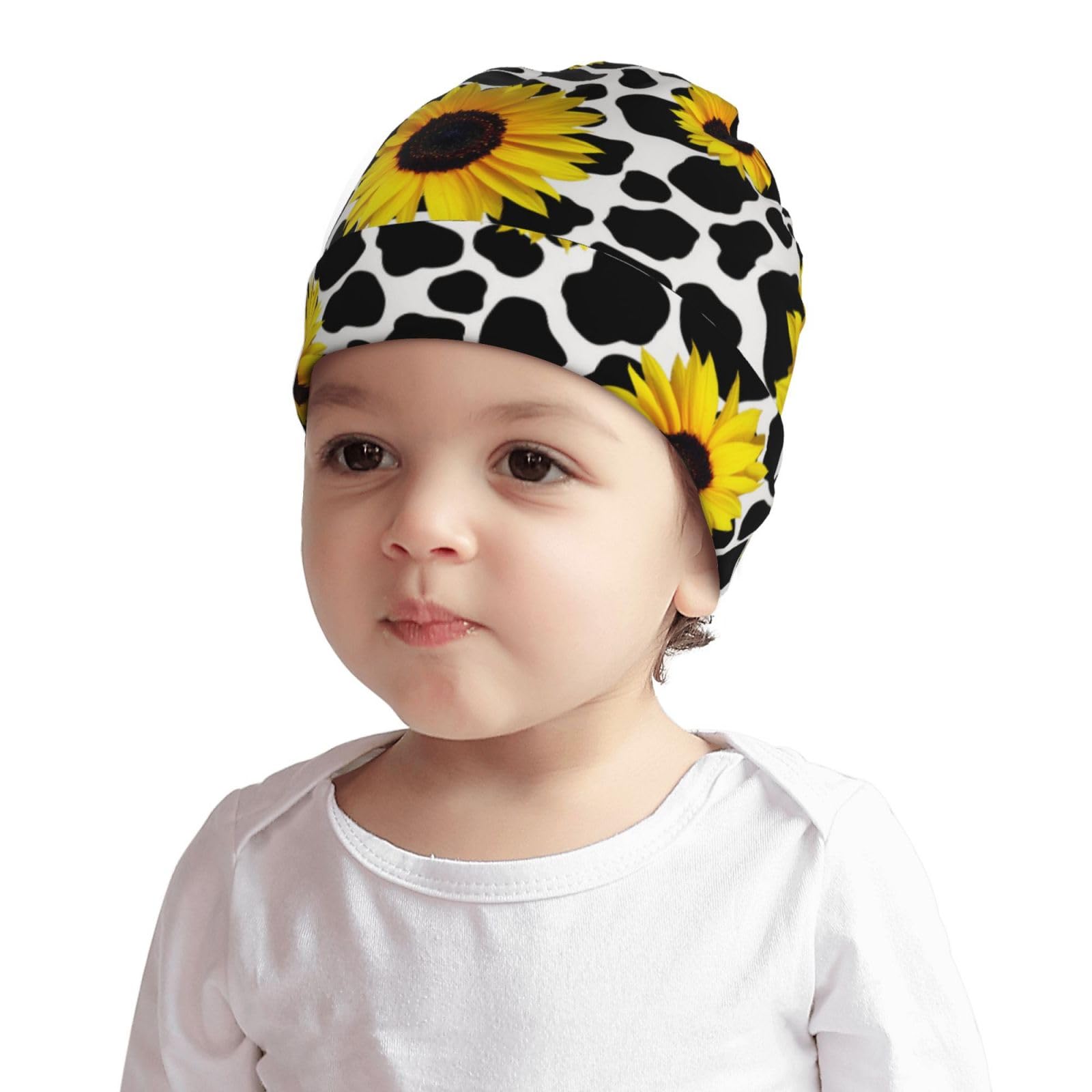 Rqzwdq Sunflower Cow Pattern Kids Beanie Hats Warm Knit Beanie Cap Skull Caps Gifts Decor for Boys Girls White
