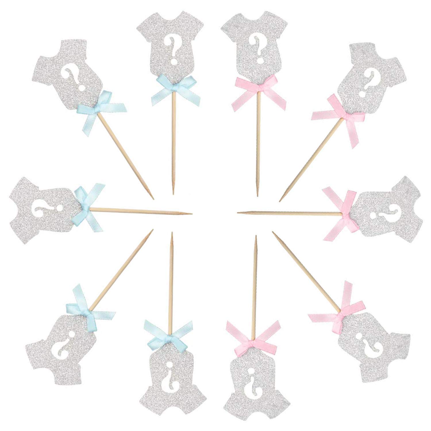 Blumomon 24Pcs Silver Glitter Gender Reveal Cupcake Toppers Onesie