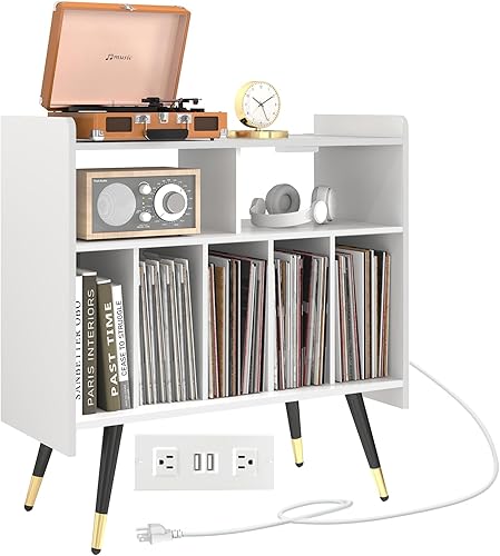 Miniatura 9 de Soporte grande para tocadiscos, armario de almacenamiento de discos de vinilo con toma de corriente, mesa de tocadiscos con capacidad para hasta 350