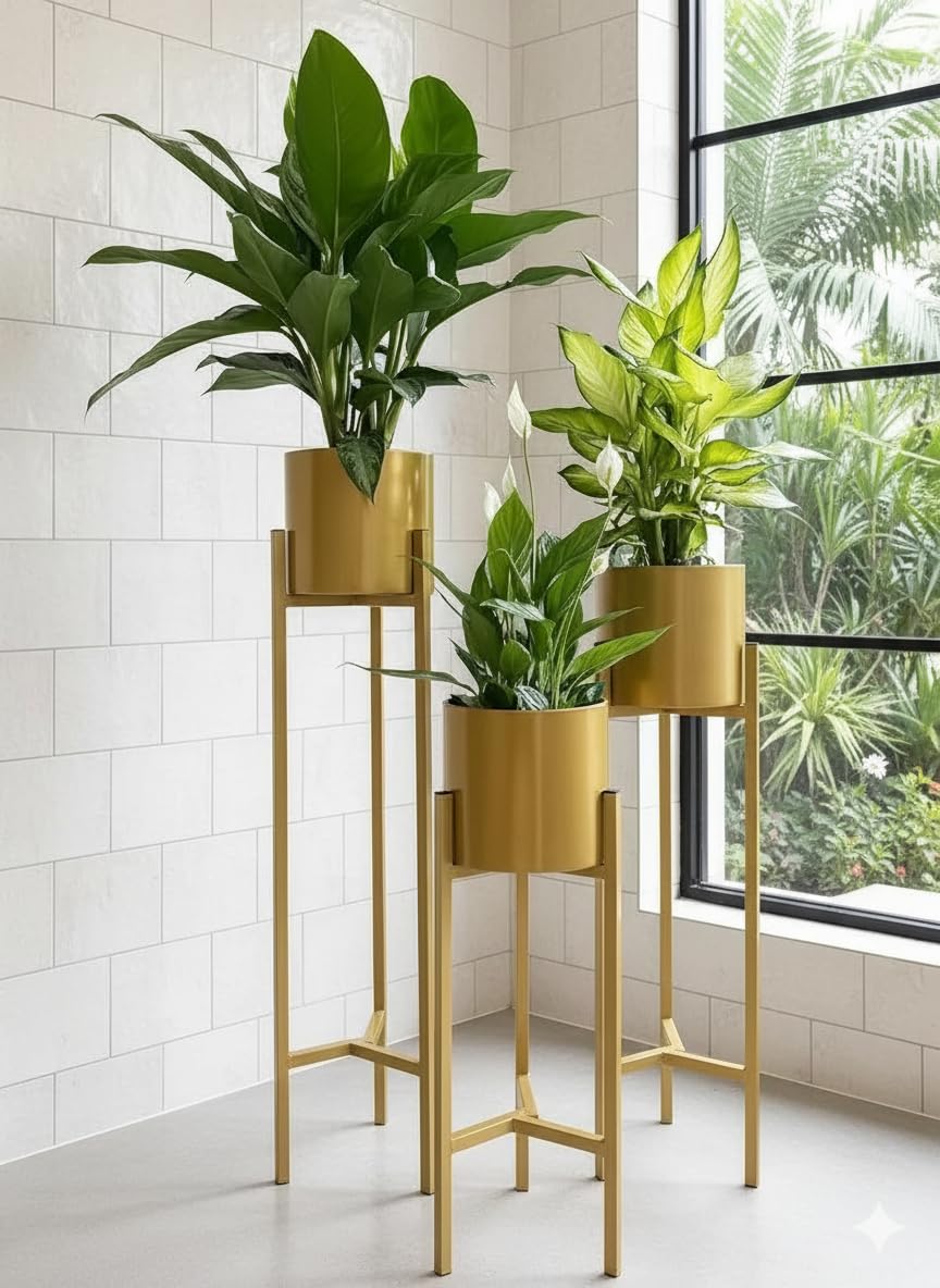 Modern Metal Floor Flower Stands Planter for Living Room Bedroom Display Plant Stand Tall Indoor Plant Stand with Planter Set of-3 (Golden)