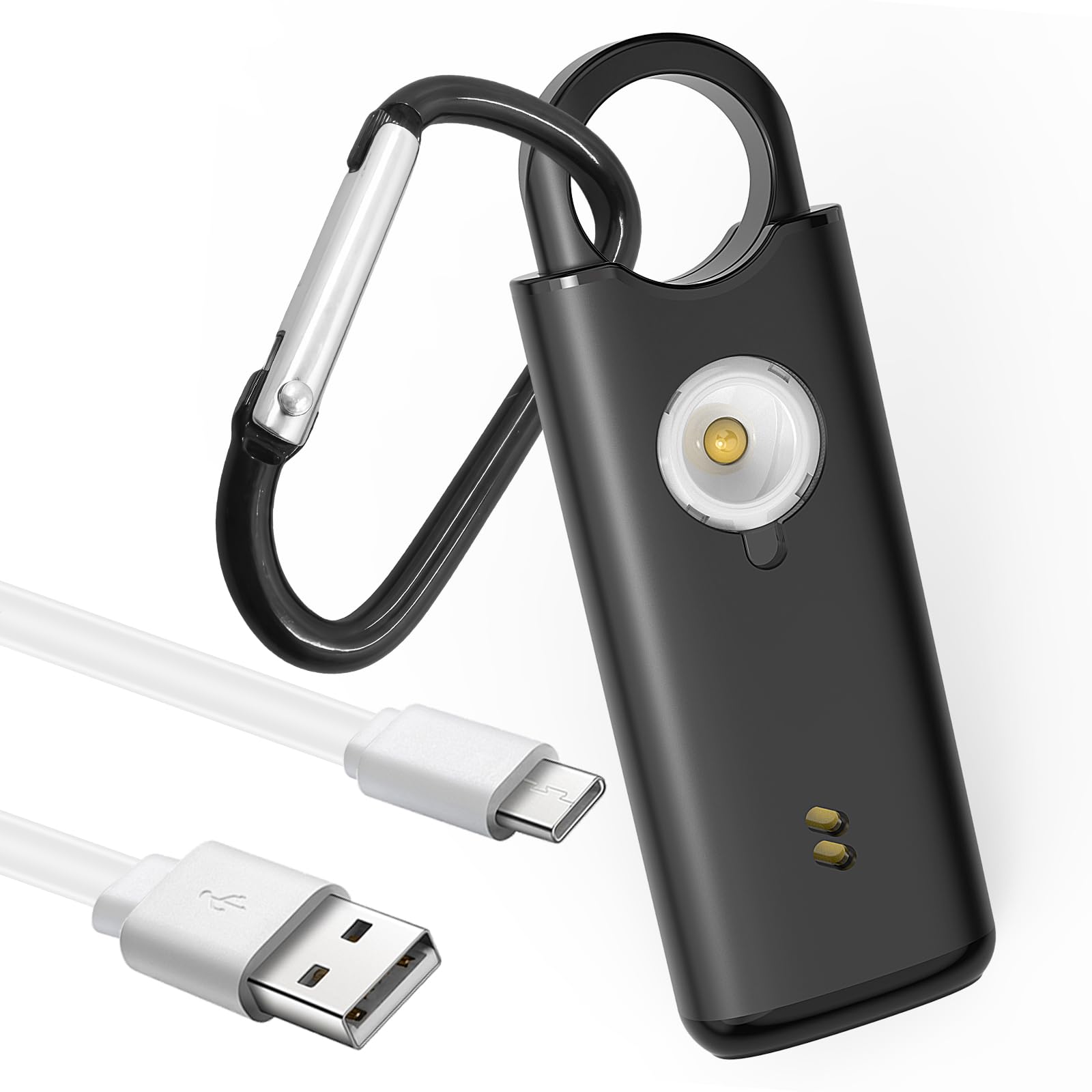 Qoosea Alarma de Seguridad Personal Recargable con Mosquetón - 135dB, Sensor de Vibración, Luz Estroboscópica & Botón de Emergencia para Viajeros de Negocios, Mochileros, Mujeres, Hombres(Negro)