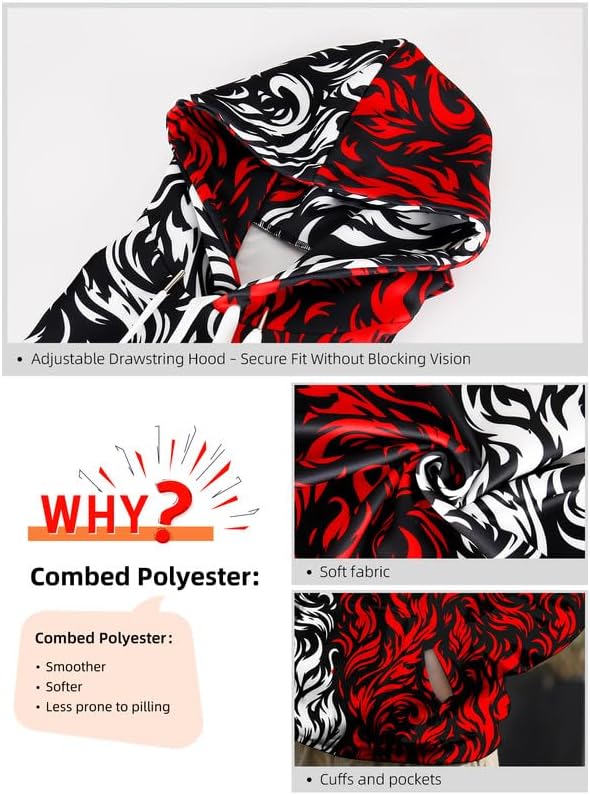 Mens Graphic Hoodies Pullover 3D Print with Pockets, Unisex Anime Black Red Hoodie Sweatshirt for Teen Boys - Image 4