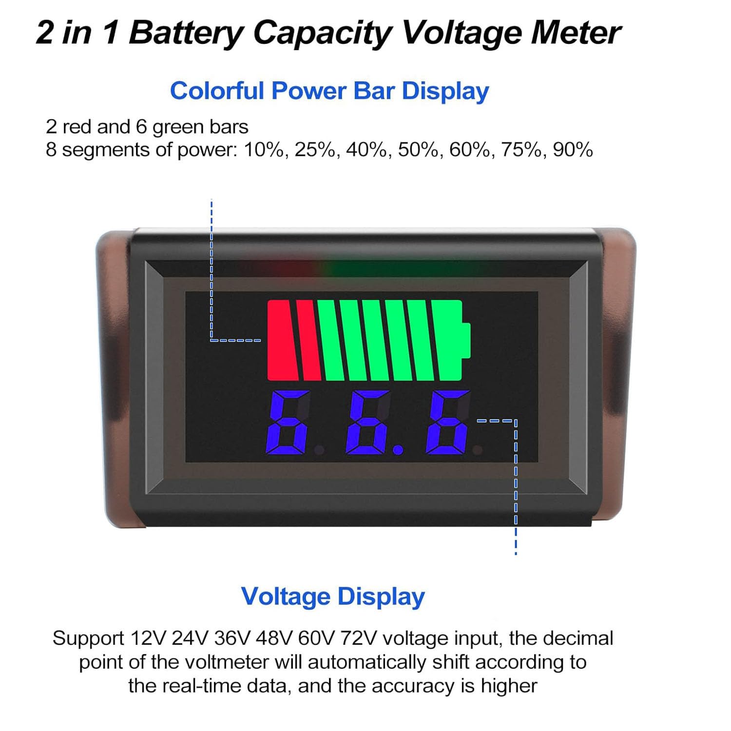 RUNCCI-YUN Indicatore di capacità della batteria, 2 Fil Voltmetro Digitale LED DC 12V 24V 36V 48V 60V Tester di capacità della batteria Blu (2PCS）