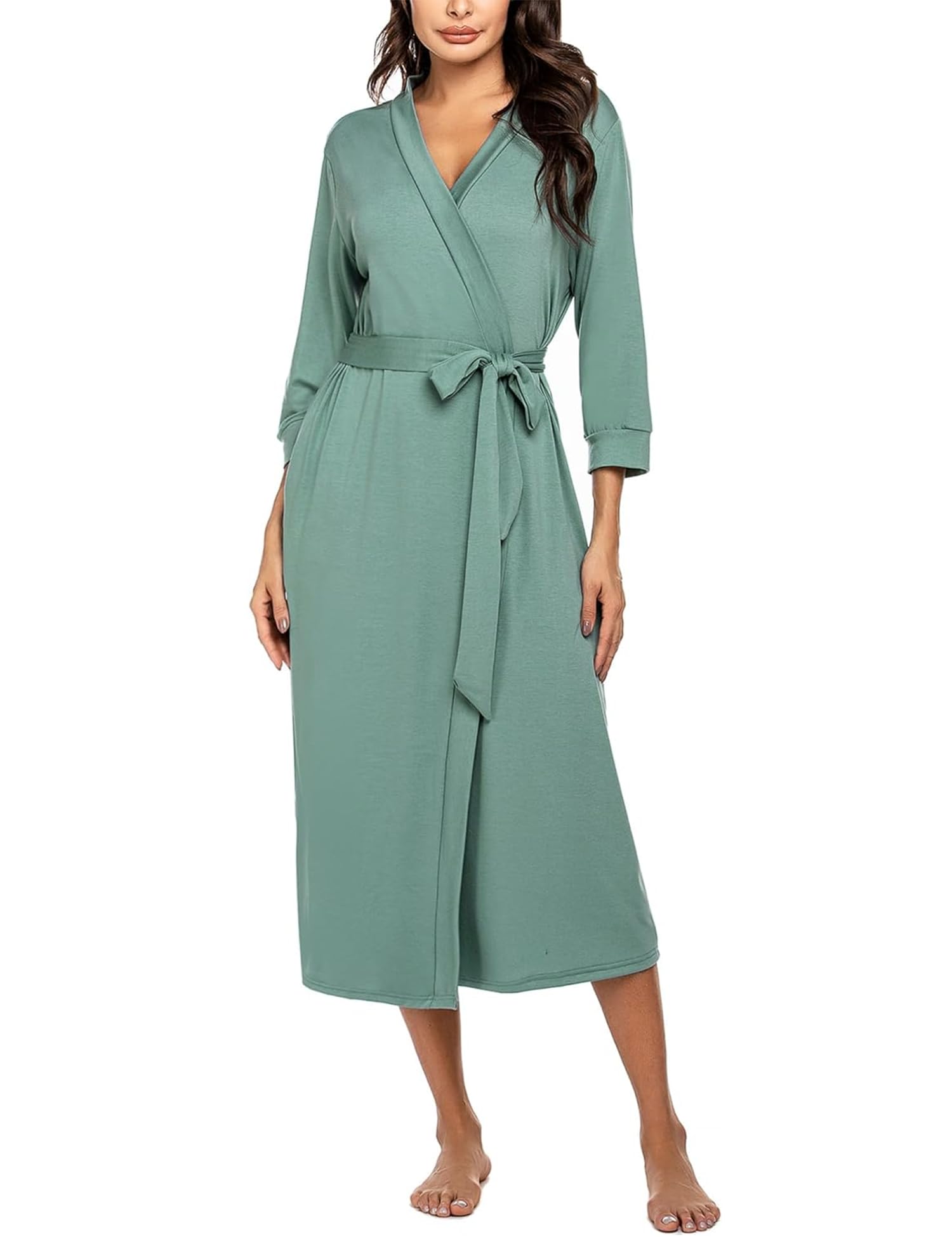 Womens Robe, Soft Kimono Spa Knit Long Bathrobe Lightweight Loungewear with Attached belt