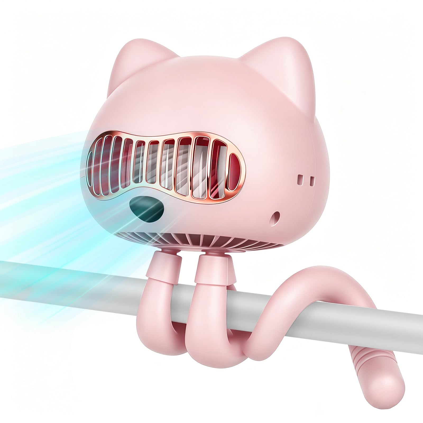FUNJEO Portable Pram Fan, Rechargeable Handheld fan, Stroller Fan with 4 Speeds, Mini Desk Fan for Baby, Camping, Travel (F08 Pink)