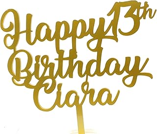 Birthday Cake Decoration .Personalised name and age 13th birthday cake topper. Happy Birthday cake topper. Teenager Cake Decoration.30th, 40th, 50th cake topper.Gold Acrylic