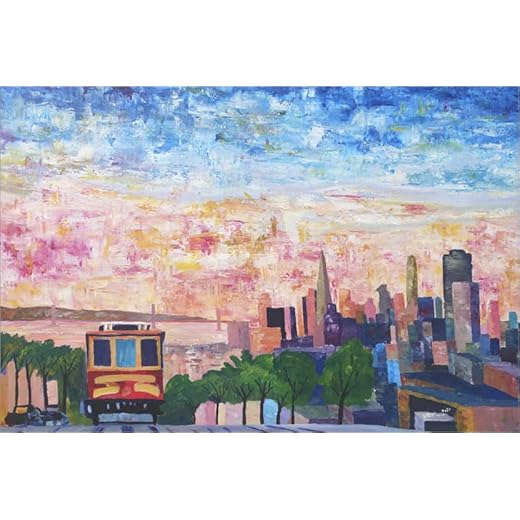 Cable car in front of the San Francisco skyline Canvastavla av M. Bleichner Tavlor för varje rum 100 x 70 cm Sevärdheter Väggdekoration