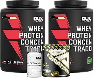 2x Whey Protein Concentrado Pote (900G) - Sabor Chocolate e Baunilha Dux Nutrition + Creatine 300g Pure 100%- Adaptogen Science + MULTIVITAMÍNICO - POTE 90 CÁPSULAS Dux Nutrition…