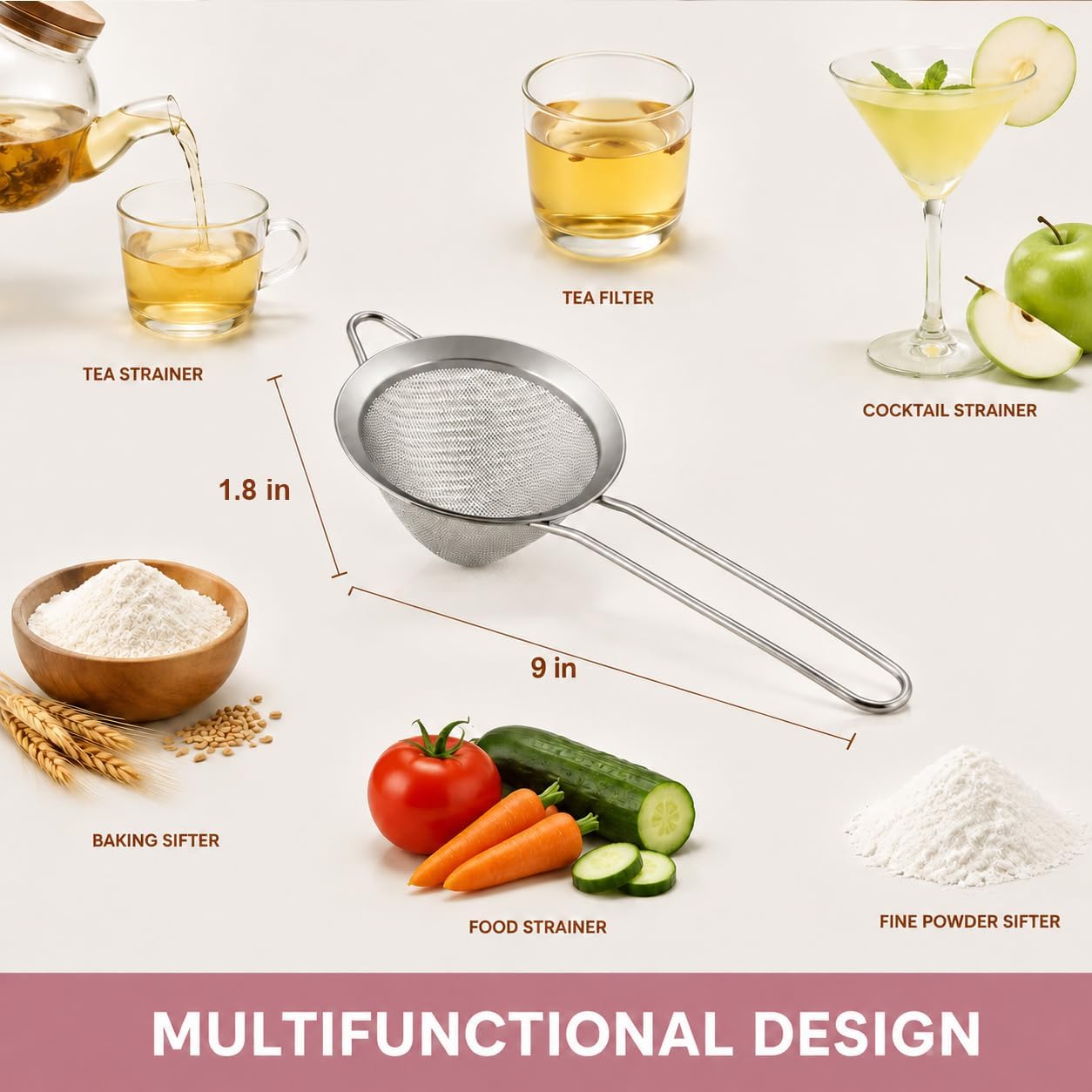 E-far Fine Mesh Strainer Set of 2, 3.3 Inches Stainless Steel Tea Strainer