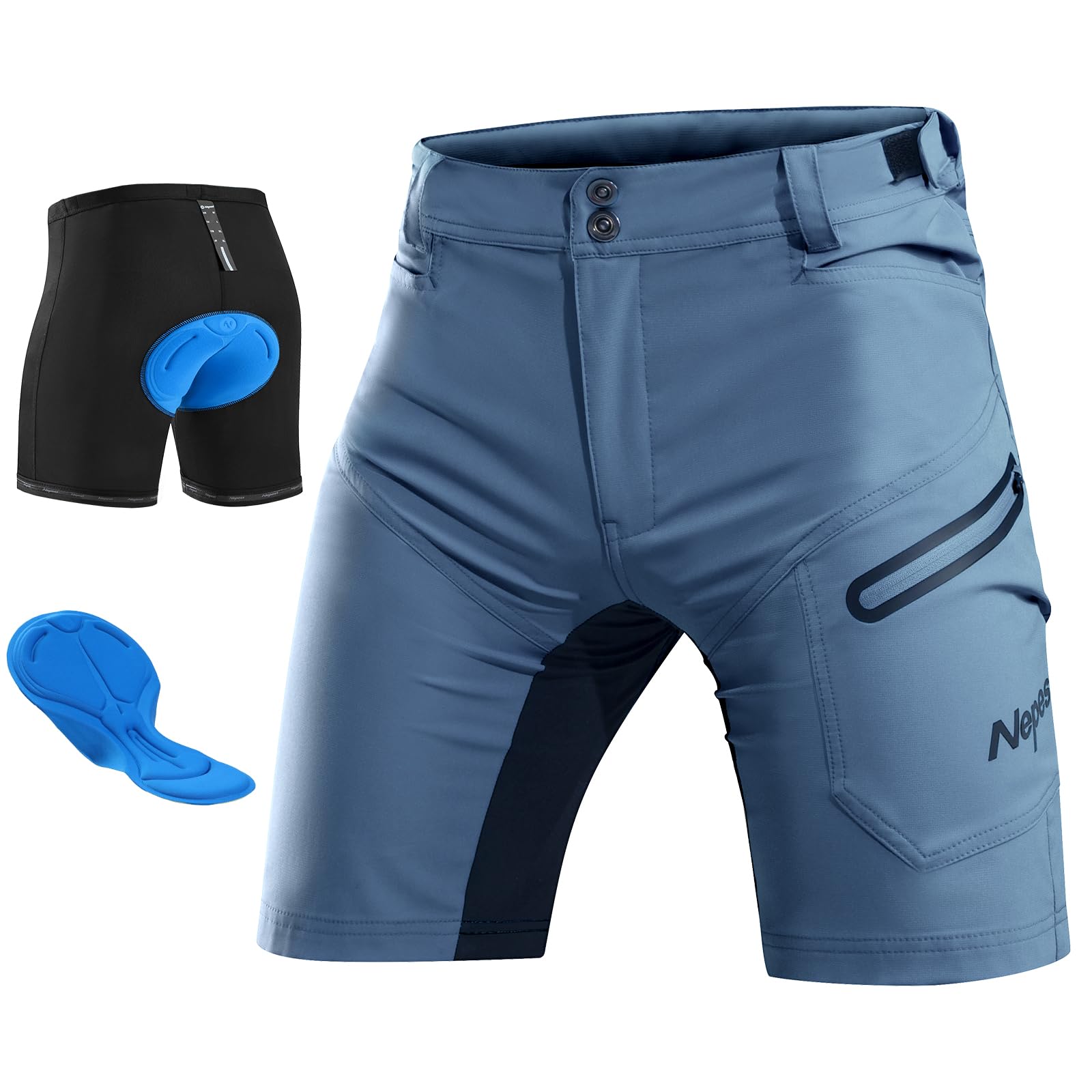 Nepest Mountainbike Hose Herren Kurz MTB Shorts Gepolstert 3D Fahrradhose Locker mit Reißverschluss Tasche Bike Shorts Atmungsaktiv