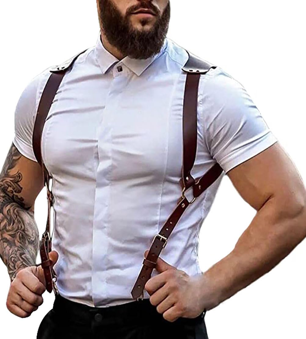 Pinwe Men's Brown Leather Suspenders Body Chain Chest Harness With Buckle Strap Punk Belt Adjustable Rave Costume