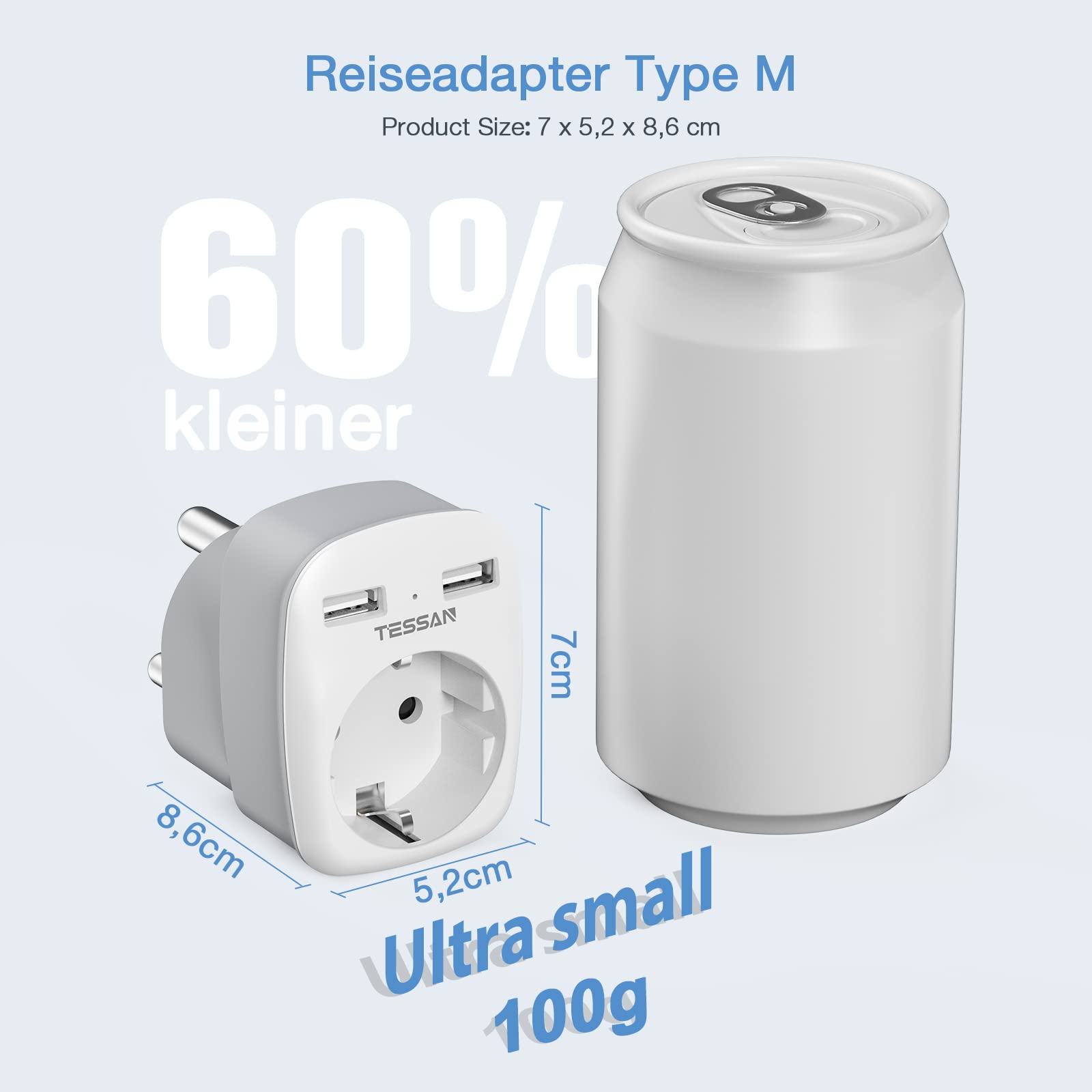 TESSAN Adattatore da Viaggio Sudafrica, Adattatore Presa Sudafrica con 2 USB, Adattatore da Viaggio con Spina Tipo M per Sudafrica, Namibia, Lesotho, Bhutan, Mozambico