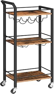 HOOBRO Bar Cart for The Home, 3-Tier Kitchen Cart with Wine Rack and Glass Holders, Serving Cart with Wheels, Rolling Coffee Cart for Bar, Kitchen, Living Room, Rustic Brown and Black BF38TC01