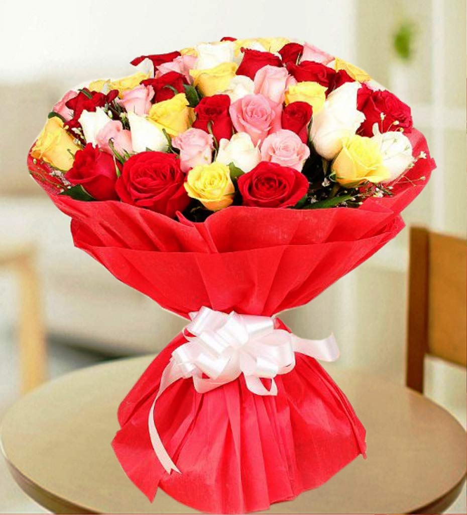Father's Day Special 40 Mixed Roses Fresh Flower Bouquet in Paper Wrapping || TFM (40 Mixed Roses)-image-20