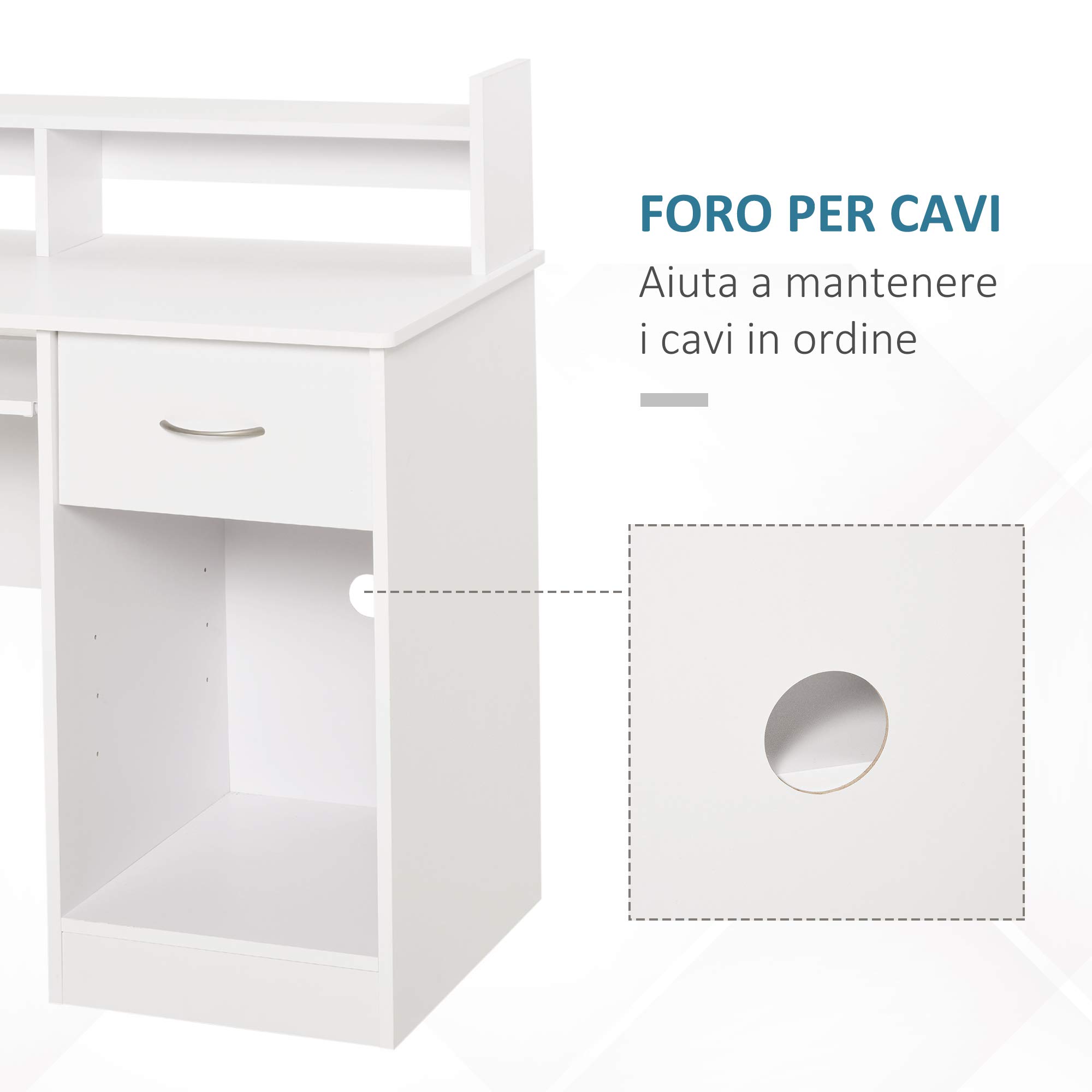 HOMCOM Scrivania per Computer Compatta, Scrivania PC Fisso in Legno Bianco con Ripiano Tastiera Estraibile e Mensole 104x48x95.5cm