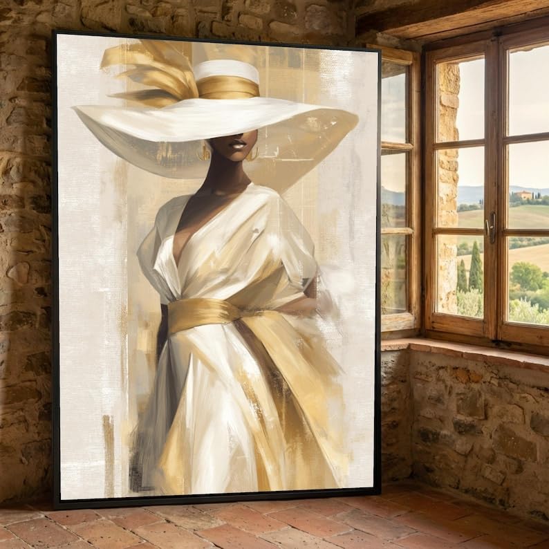 Portrait de femme sur toile tableau mural avec chapeau blanc abstrait doré 60x90cm