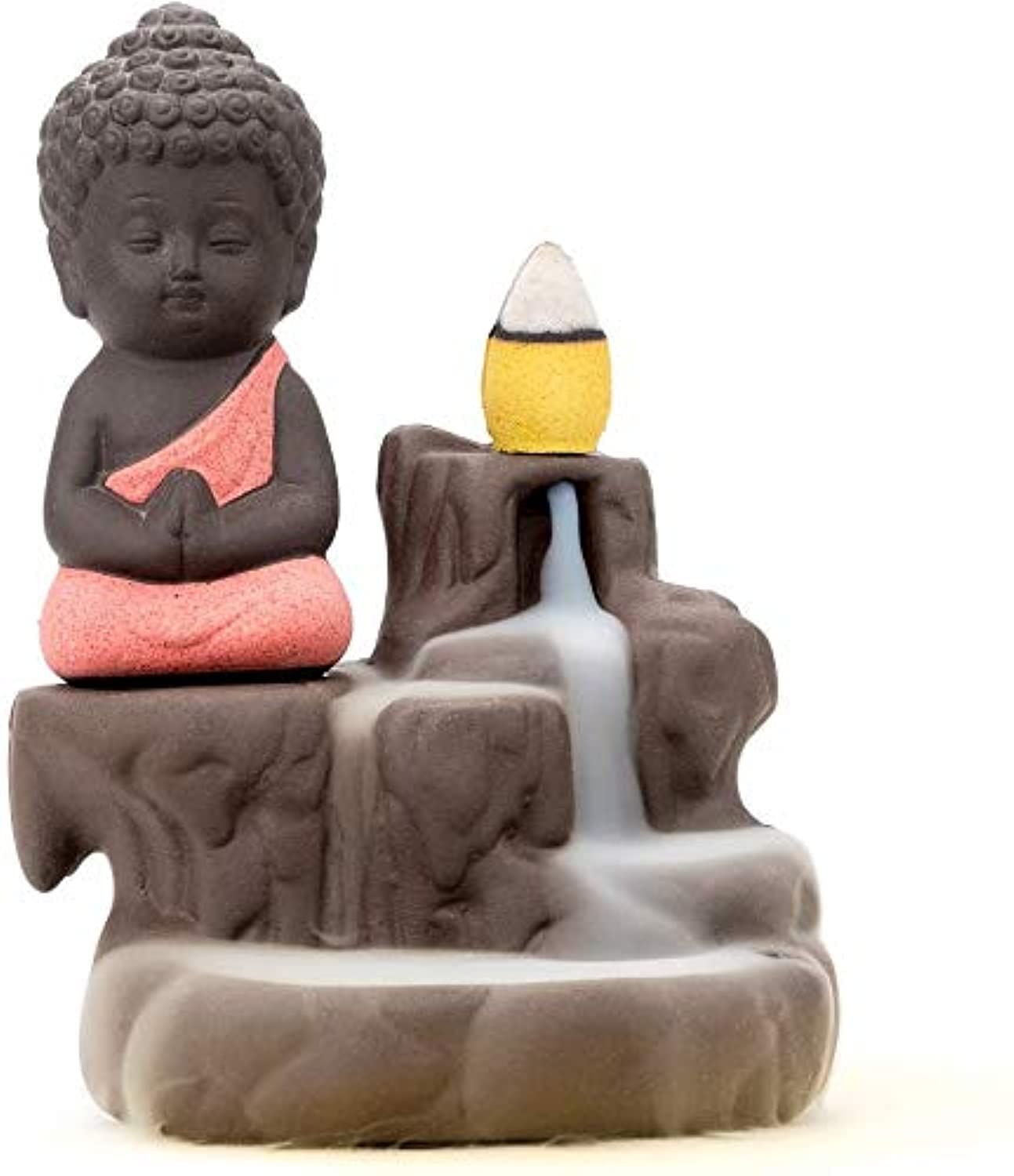 Buddha Statue Ceramic Arts Incense Burner Stand with 10 Backflow Incense Cones - Red
