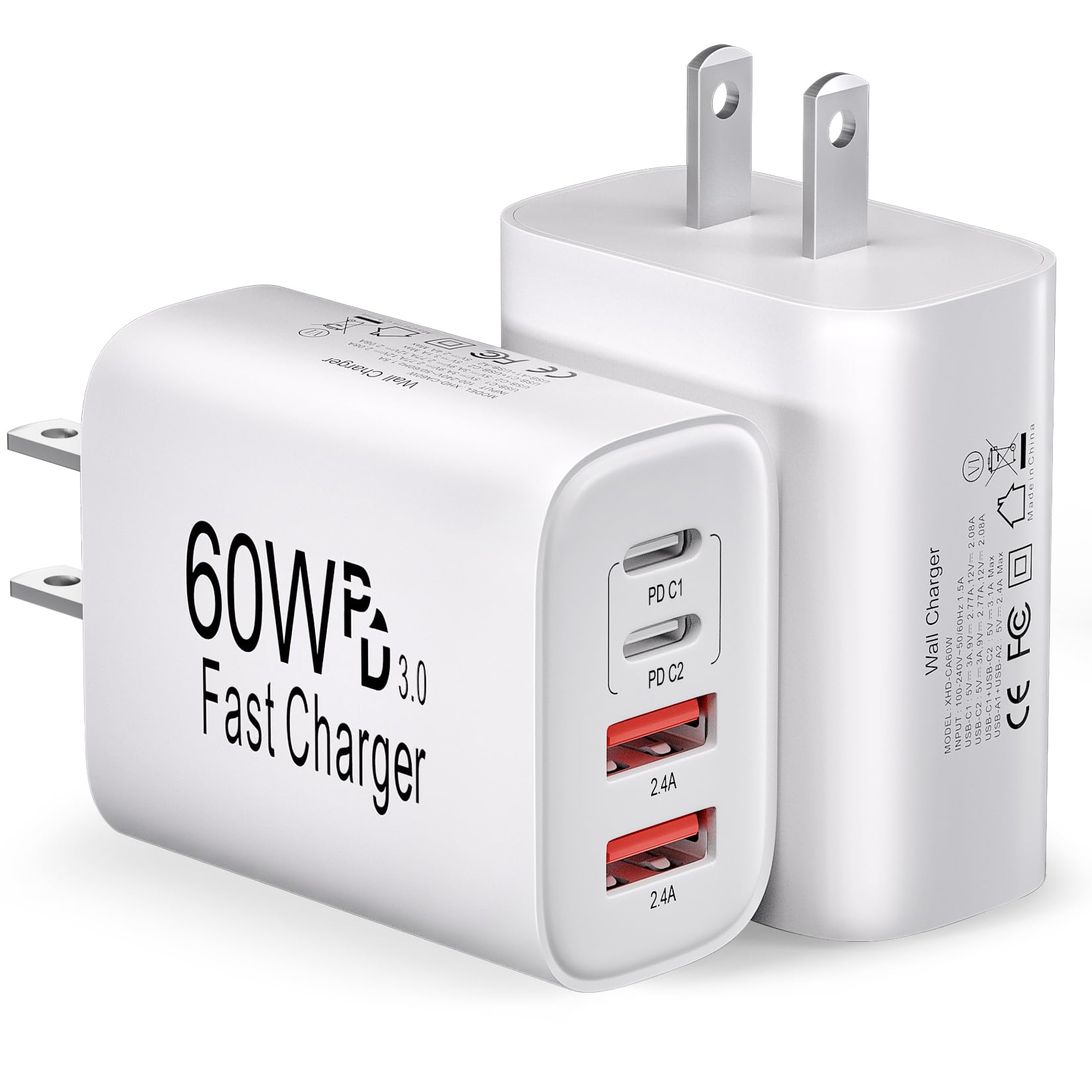 60W USB C Charger Block Fast Charging,2Pack 4Port Type C Charger Fast Charging Blocks 2 Type-C & 2 USB-A Ports Power Adapter for iPhone 17/17 Air/16/