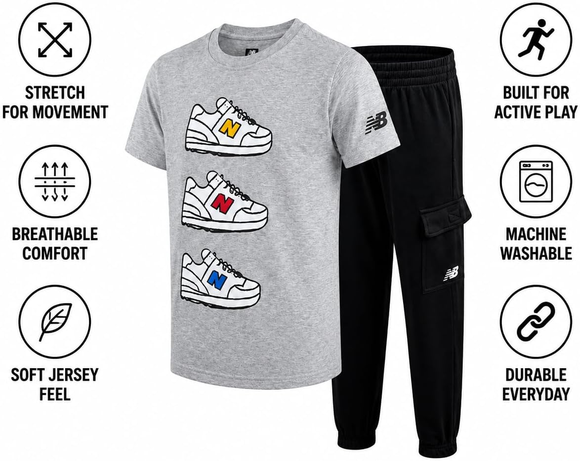 New Balance Boys 2 Piece Graphic Tee & Athletic Jogger Pants Set, Youth Kid