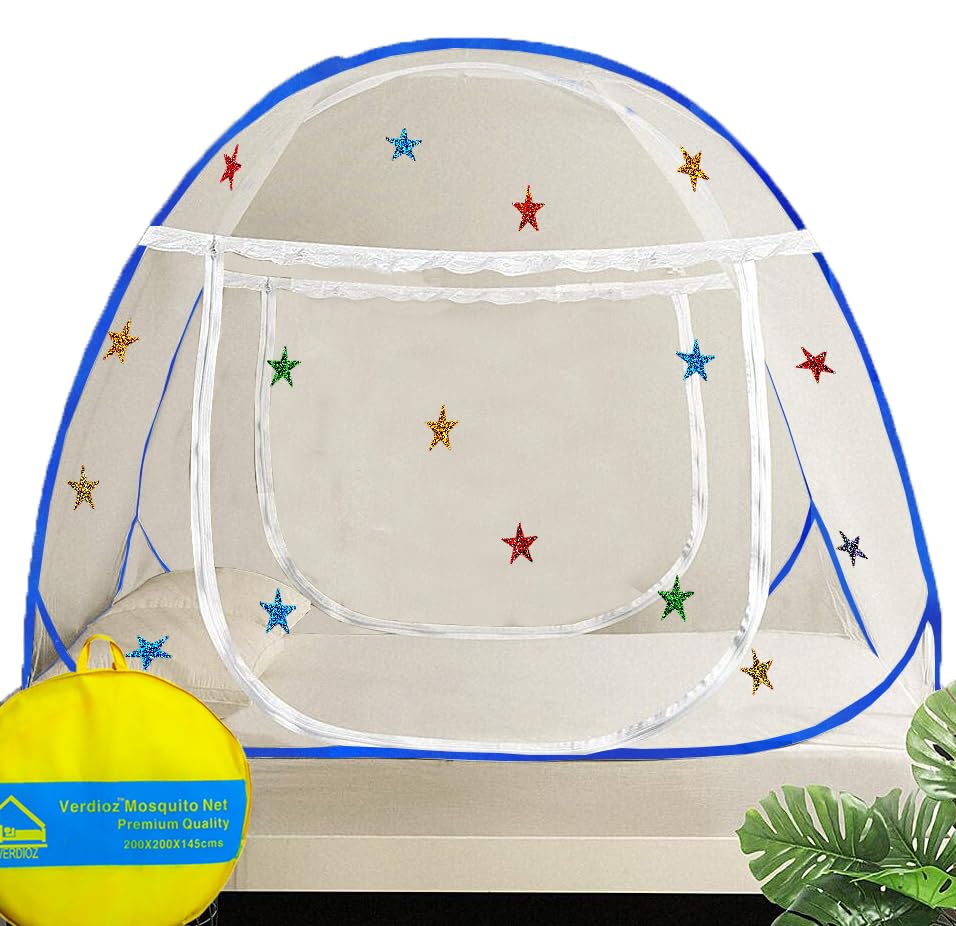 Image of VERDIOZ Mosquito Net for Double Bed King Size with Multicolor Glittery Stars of 4cm Size Each | Strong 28 GSM White Net | White PVC Coated Steel Wire | 2 Door Foldable Machardani - (Blue with Stars)