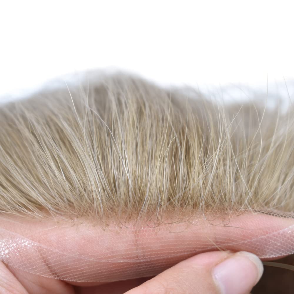 Toupee For Men Swiss Lace Hair Replacement System Virgin Human HairPiece Men’s Toupee Lace Front Hair Restoration For Men Poly PU Skin at Back Hair Unit 7"x9"#1810 Medium Blonde with 10% Gray-110% density