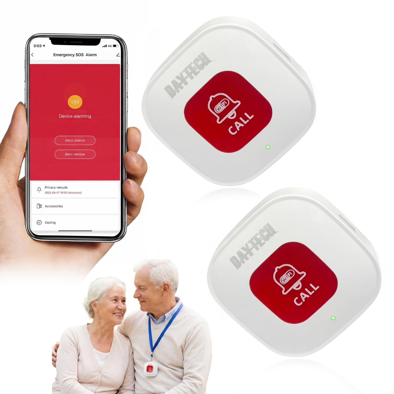 DAYTECH Tuya WiFi Smart SOS Chiamata Button, Wireless Panic Button, Allarme Personale per Anziani Anziani Pazienti Disabili Disabili Disabili, 2 Pulsanti di Emergenza Ricaricabili, Supporta Solo