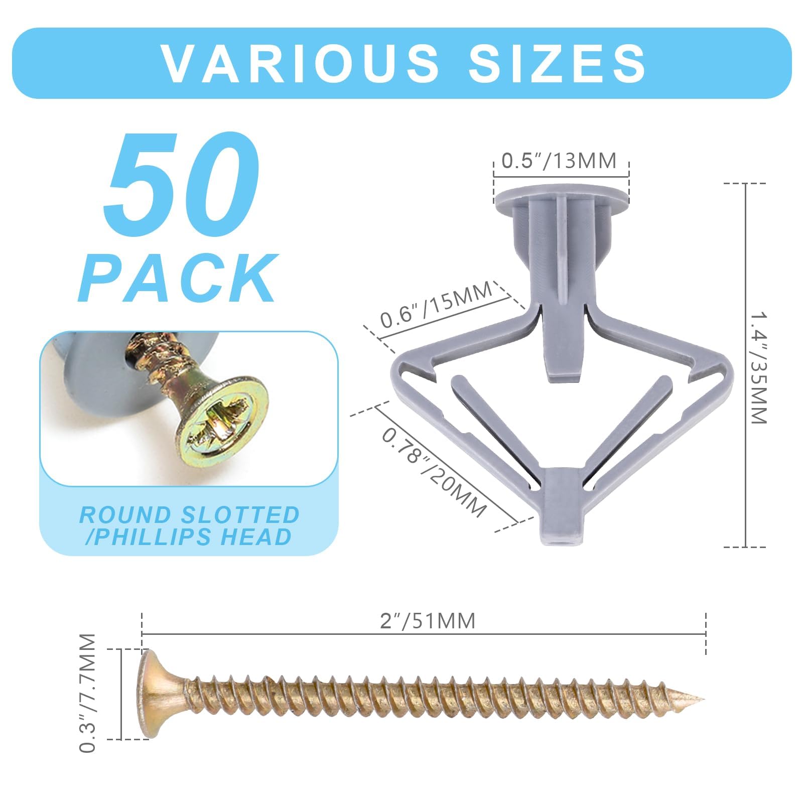 Hollow-Wall Anchors, One Size, 65Lbs Anchors 25pcs+Screw