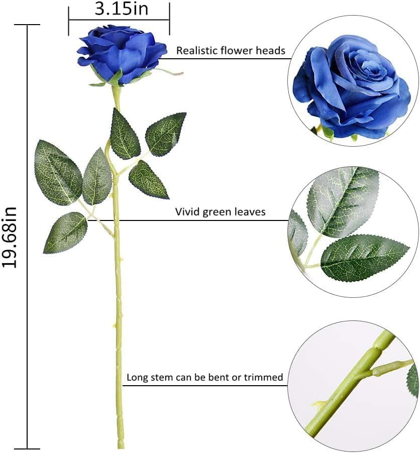 Image of Dekorly Artificial Fake Roses Flowers - 10 Pcs Fake Artificial Roses Silk Flowers with Stems for Home Room Tabletop Wedding Hotel Office Centerpiece Decor | Height 18 Inch (Blue)