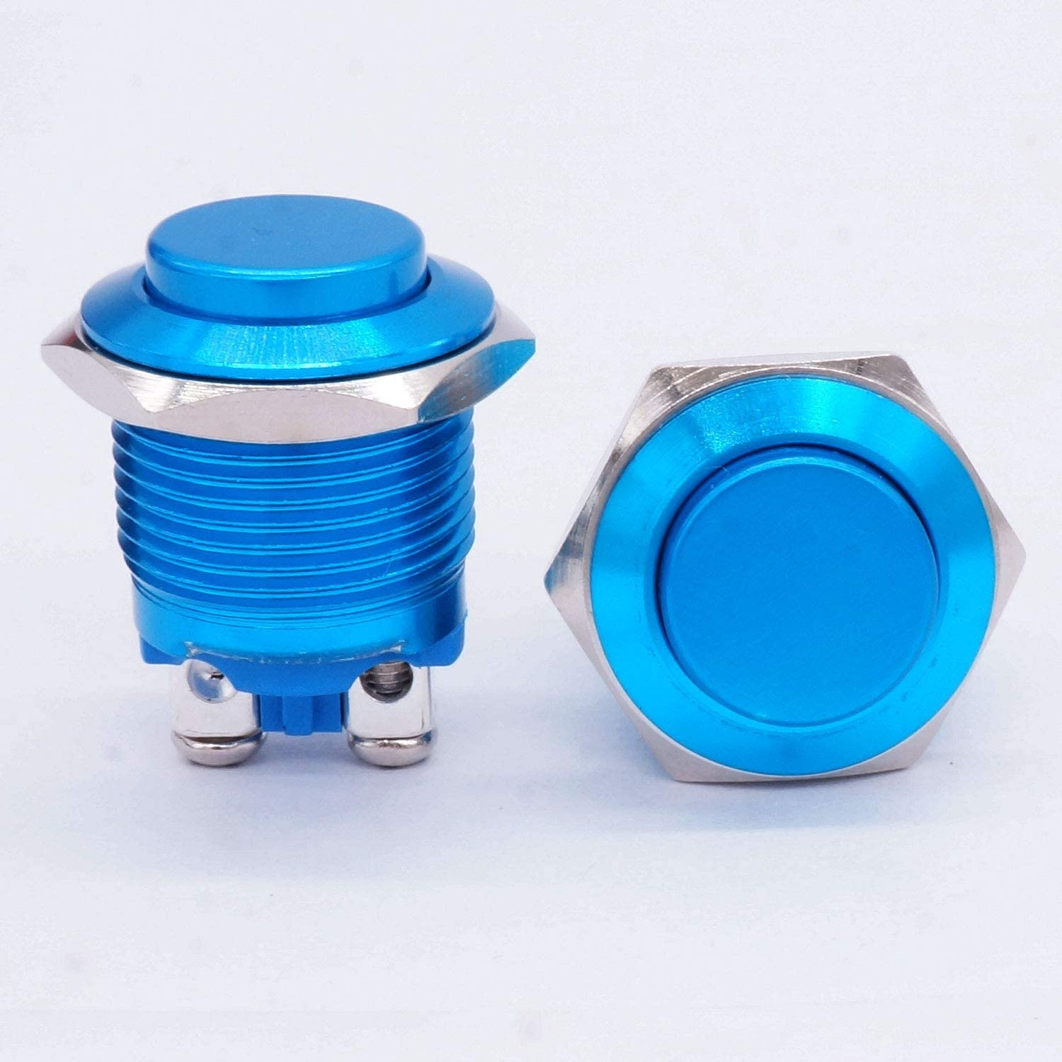 ONECM 2 pièces 16 mm 5/8" rond rouge métal bouton poussoir momentané interrupteur 1NO SPST 3A/12-250V pour interrupteur de voiture industriel (couleur : bleu)