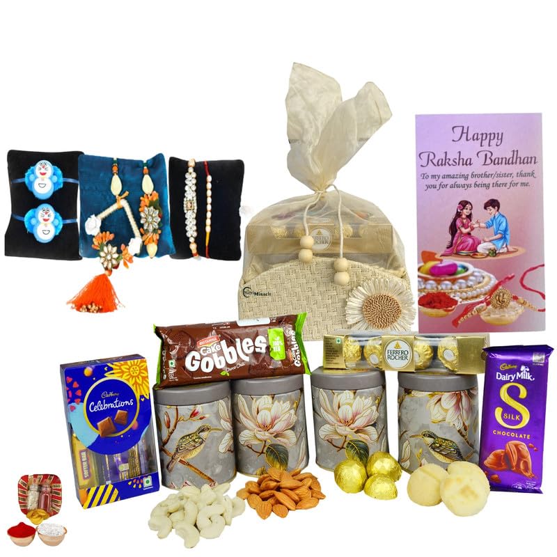 Image of NUTRI MIRACLE Rakhi Gift Hamper with Nut Mix, Chocolates and Tilak Thali for Bhai | Healthy Nuts Gift Pack for Bhai Dooj