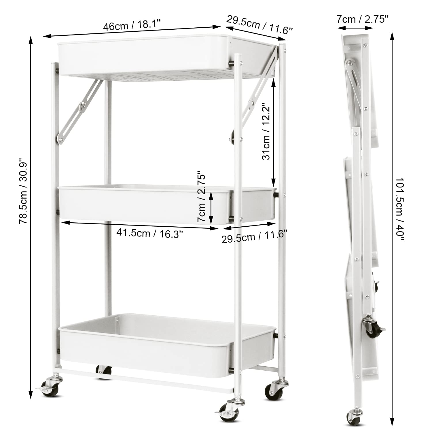 Todeco Desserte à roulettes Pliante, Chariot Mobile à 3 Niveaux, Chariot de Cuisine, Pas d'assemblage, 46 x 29 x 78 cm, pour Cuisine, Bureau, Salle de Bain, Vestiaire (Blanc)