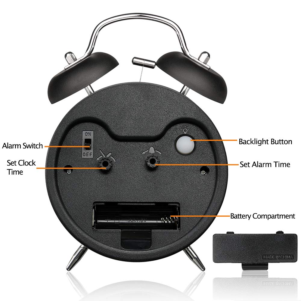 Eachui Double Bell Alarm Clock, Night Light, Loud Alarm, Retro, Battery 4