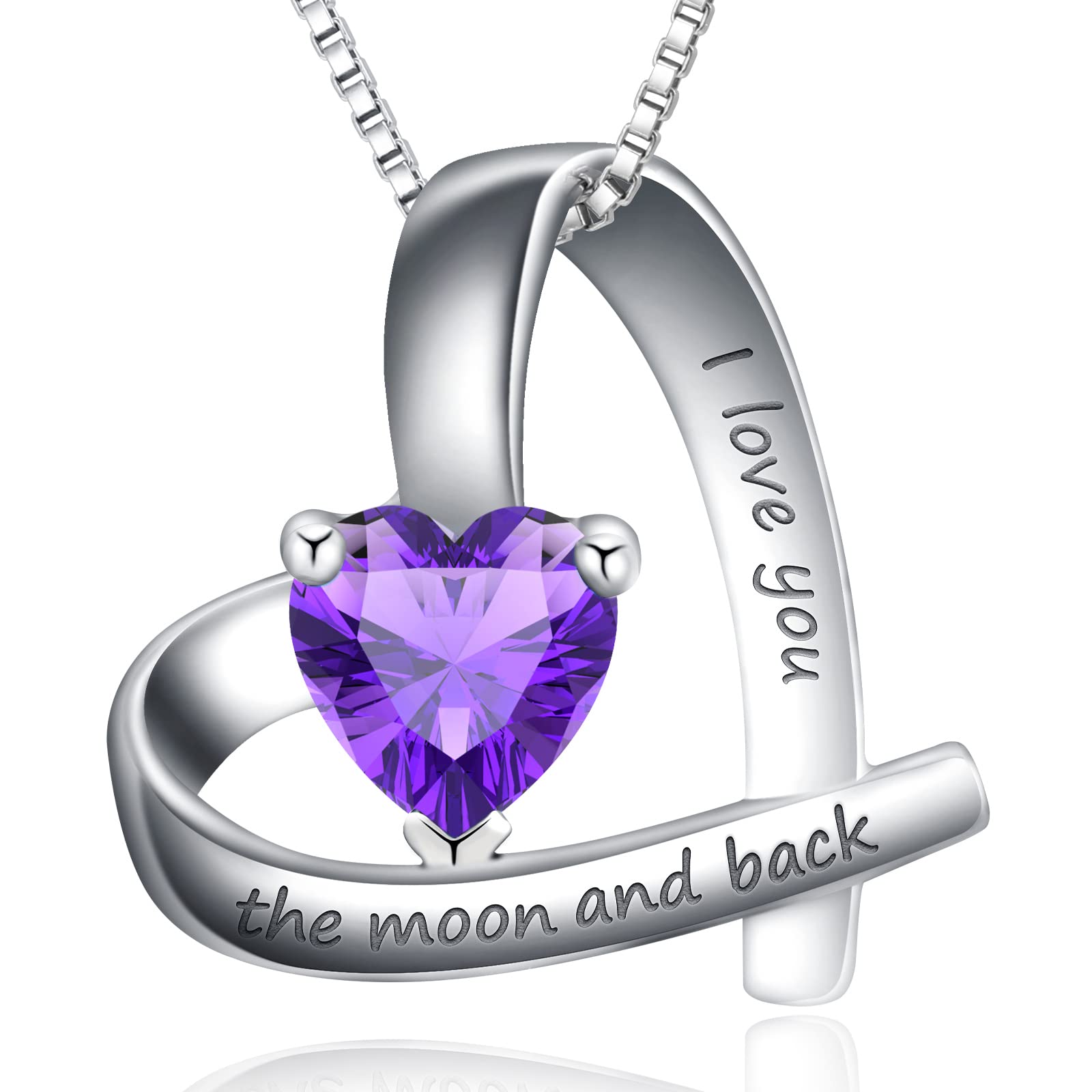 HXZZFine Jewelry Birthstone Necklace for Women Sterling Silver Love Heart Natural or Created Gemstone Pendant Anniversary Birthday Gifts for Girls Her Wife Mom, Gemstone, Amethyst