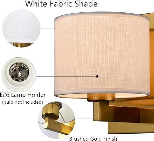 Miniatura 3 de SAMTEEN Juego de dos apliques de pared dorados modernos de latón de mediados de siglo, con pantalla de tambor, lámpara de pared para dormitorio,