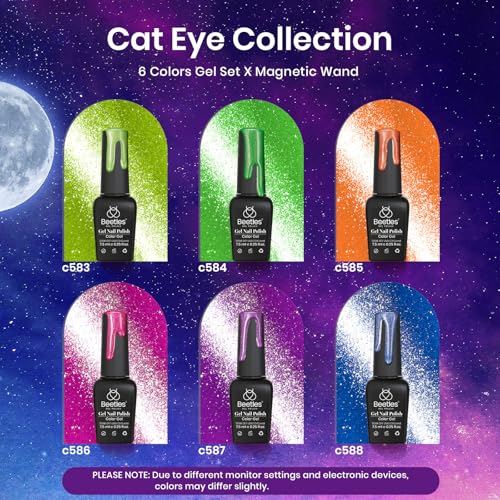 Image of Beetles Cat Eye Gel Nail Polish Set, 6 Colors Summer Neon Holographic Glitter Gel Polish Kit Hot Pink Orange Purple Blue Green Magnetic Nail Polish Soak Off UV French Nail Art Gift for Women