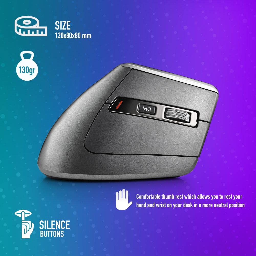 NGS EVO KARMA - Mouse Verticale Ergonomico Senza Fili, Ricaricabile, 5 Pulsanti Silenziosi+Scorrimento, Sensore ottico: 800/1200/1600/3200 DPI, 2.4GHz USB + Bluetooth 3.0 + Bluetooth 5.0, Plug&Play